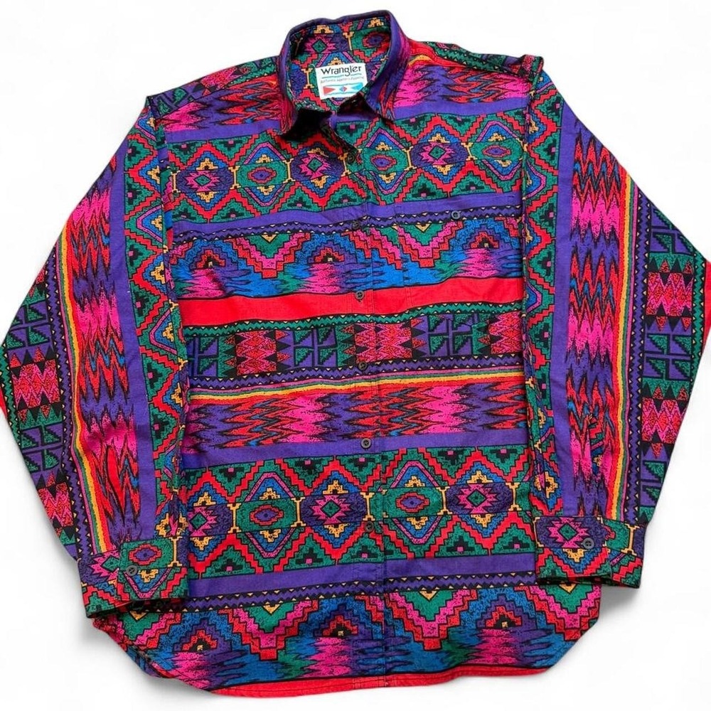 Vintage Men's Wrangler Aztec Cowboy Western Multi-Color Button Up Shirt Medium